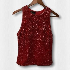 Laurence Kazar Red Silk Sequin Sleeveless Top S
